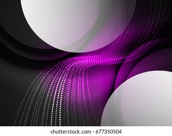 Glowing wave created with particles on dark color background. Vector digital techno illustration