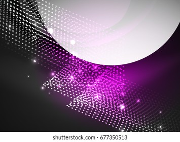 Glowing wave created with particles on dark color background. Vector digital techno illustration