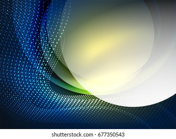 Glowing wave created with particles on dark color background. Vector digital techno illustration