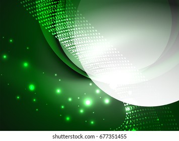 Glühende Welle mit Partikeln auf dunklem Hintergrund. Digitale Vektorgrafik