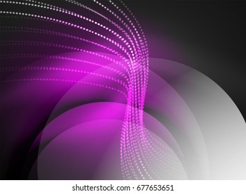 Glowing wave created with particles on dark color background. Vector digital techno illustration