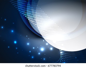 Glowing wave created with particles on dark color background. Vector digital techno illustration