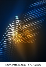 Glowing wave created with particles on dark color background. Vector digital techno illustration