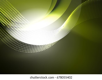 Glowing wave created with particles on dark color background. Vector digital techno illustration