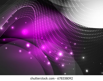 Glowing wave created with particles on dark color background. Vector digital techno illustration