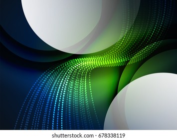 Glowing wave created with particles on dark color background. Vector digital techno illustration