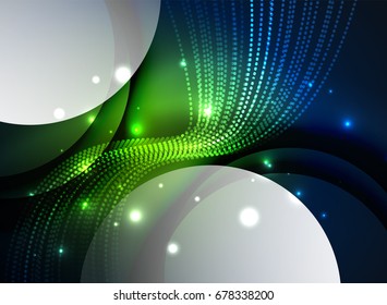 Glowing wave created with particles on dark color background. Vector digital techno illustration