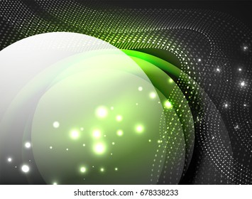 Glowing wave created with particles on dark color background. Vector digital techno illustration