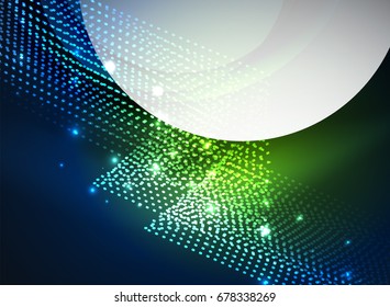 Glowing wave created with particles on dark color background. Vector digital techno illustration