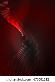 Glowing wave created with particles on dark color background. Vector digital techno illustration