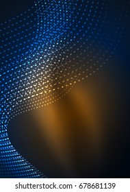 Glowing wave created with particles on dark color background. Vector digital techno illustration