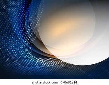 Glowing wave created with particles on dark color background. Vector digital techno illustration