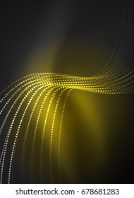 Glowing wave created with particles on dark color background. Vector digital techno illustration