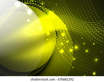Glowing wave created with particles on dark color background. Vector digital techno illustration