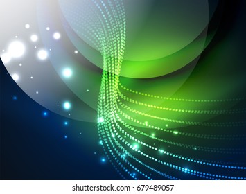 Glühende Welle mit Partikeln auf dunklem Hintergrund. Digitale Vektorgrafik