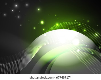 Glowing wave created with particles on dark color background. Vector digital techno illustration