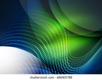 Onda brillante creada con partículas sobre fondo de color oscuro. Ilustración digital de tecnología vectorial