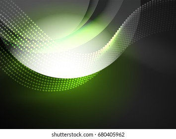 Glühende Welle mit Partikeln auf dunklem Hintergrund. Digitale Vektorgrafik