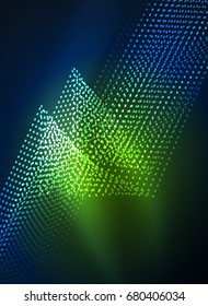Glowing wave created with particles on dark color background. Vector digital techno illustration