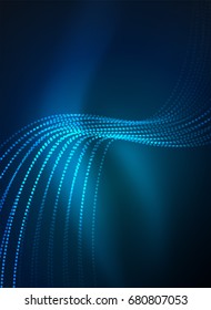 Glowing wave created with particles on dark color background. Vector digital techno illustration