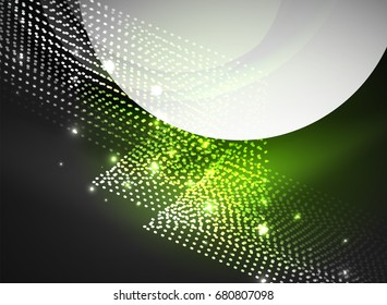 Glowing wave created with particles on dark color background. Vector digital techno illustration