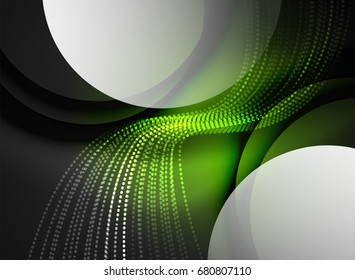 Glowing wave created with particles on dark color background. Vector digital techno illustration