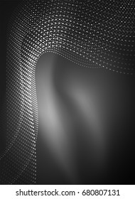Glowing wave created with particles on dark color background. Vector digital techno illustration