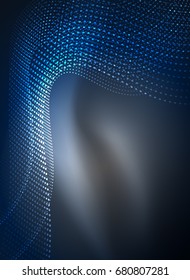 Glowing wave created with particles on dark color background. Vector digital techno illustration