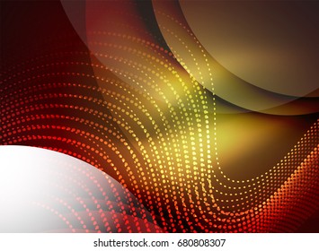 Glowing wave created with particles on dark color background. Vector digital techno illustration