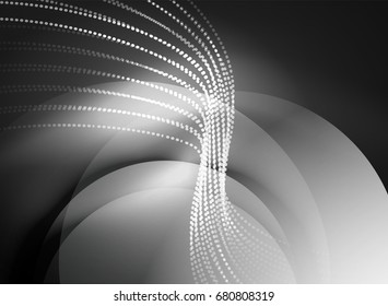 Glowing wave created with particles on dark color background. Vector digital techno illustration