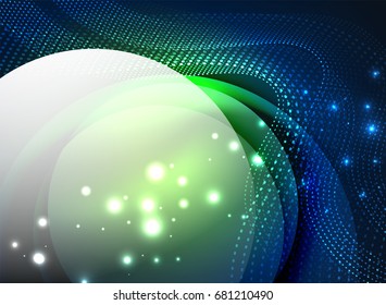 Glowing wave created with particles on dark color background. Vector digital techno illustration