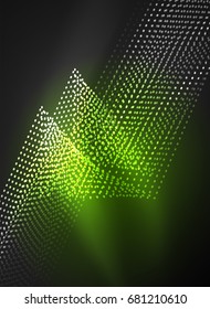 Glowing wave created with particles on dark color background. Vector digital techno illustration