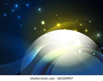 Glowing wave created with particles on dark color background. Vector digital techno illustration