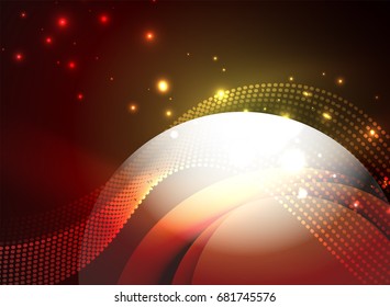 Glowing wave created with particles on dark color background. Vector digital techno illustration