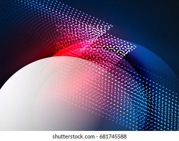 Glowing wave created with particles on dark color background. Vector digital techno illustration