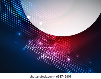 Glowing wave created with particles on dark color background. Vector digital techno illustration