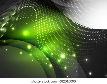 Glowing wave created with particles on dark color background. Vector digital techno illustration