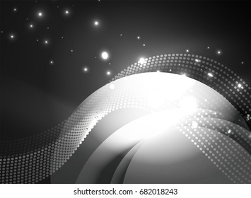 Glowing wave created with particles on dark color background. Vector digital techno illustration