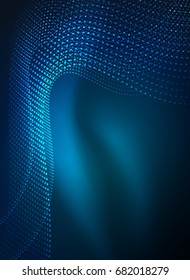 Glowing wave created with particles on dark color background. Vector digital techno illustration