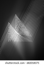 Glowing wave created with particles on dark color background. Vector digital techno illustration