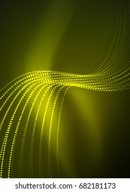 Glowing wave created with particles on dark color background. Vector digital techno illustration