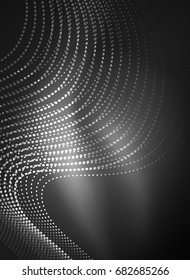 Glowing wave created with particles on dark color background. Vector digital techno illustration
