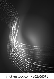 Glowing wave created with particles on dark color background. Vector digital techno illustration