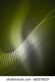 Glowing wave created with particles on dark color background. Vector digital techno illustration