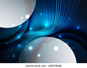 Glühende Welle mit Partikeln auf dunklem Hintergrund. Digitale Vektorgrafik