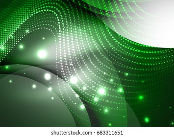 Glühende Welle mit Partikeln auf dunklem Hintergrund. Digitale Vektorgrafik