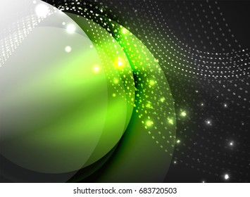 Glowing wave created with particles on dark color background. Vector digital techno illustration