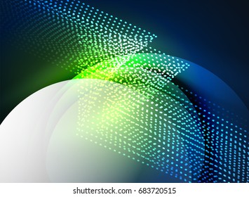 Glowing wave created with particles on dark color background. Vector digital techno illustration
