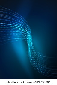Glowing wave created with particles on dark color background. Vector digital techno illustration