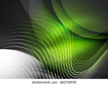 Glowing wave created with particles on dark color background. Vector digital techno illustration